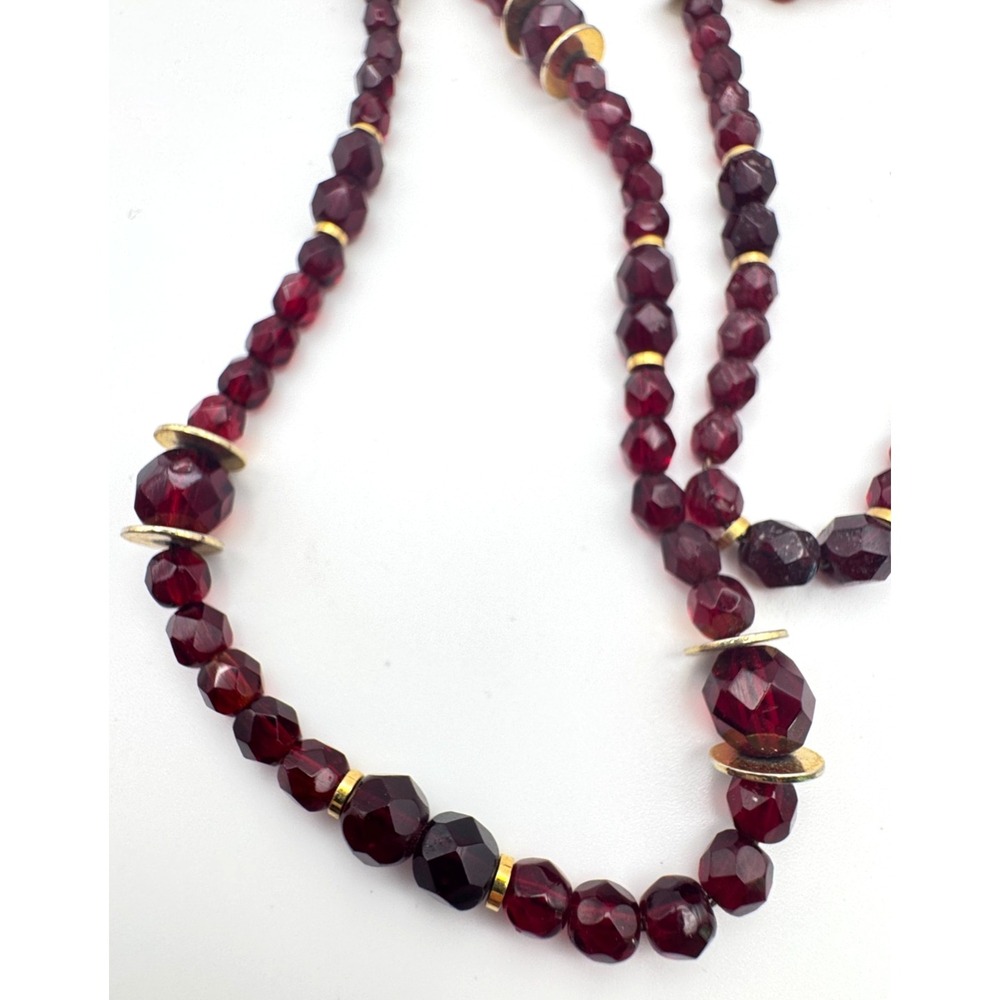 Vintage Bead Necklace Red Faceted Glass Gold Tone Disk Stations Long